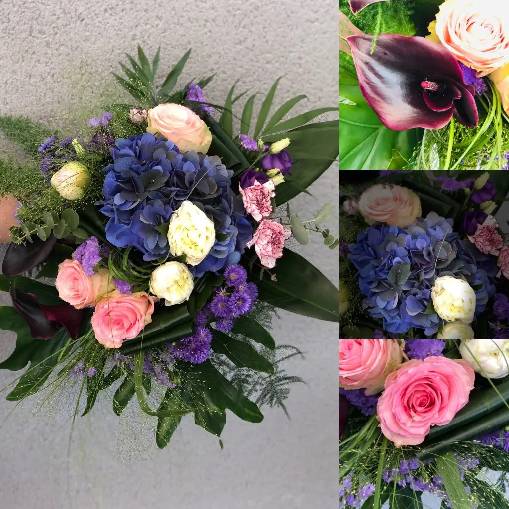 Bouquet d'hortensias bleus et de roses